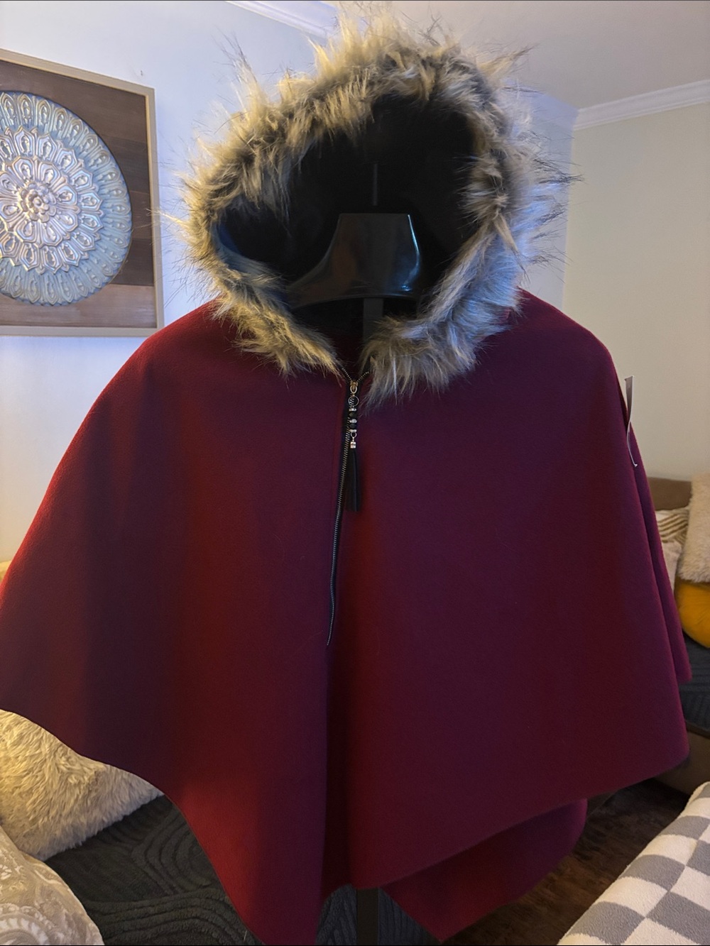 Women's Burgundy Hooded Cape with Faux-Fur Trim